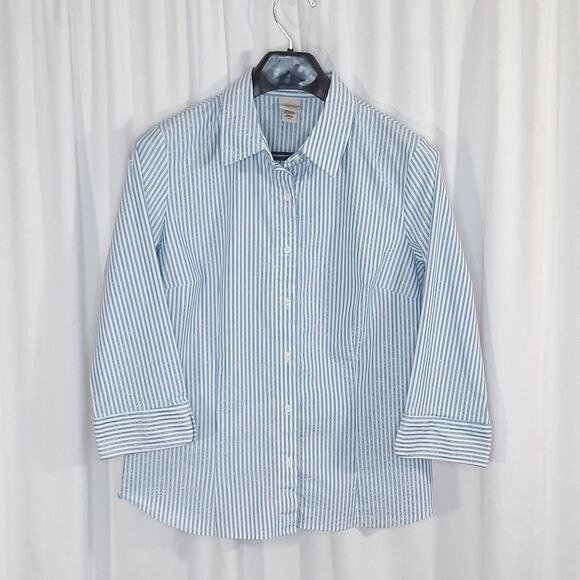 Covington Tops - Covington Womens L Blue White Stripe 3/4 Sleeve Button Down Shirt Office Preppy